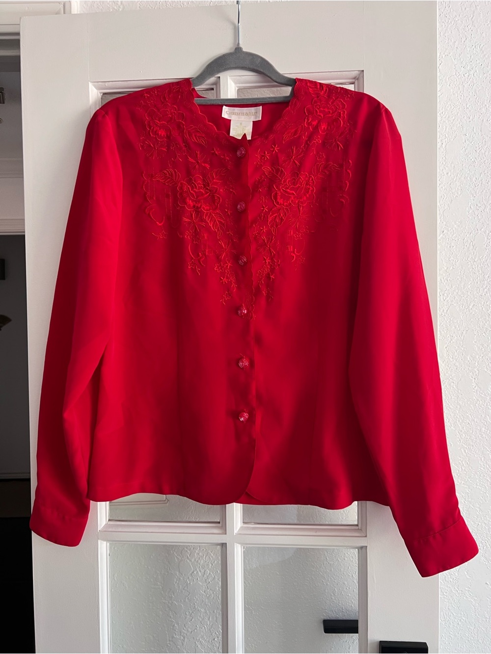 Vintage Red Embroidered Button-Front Women's Top